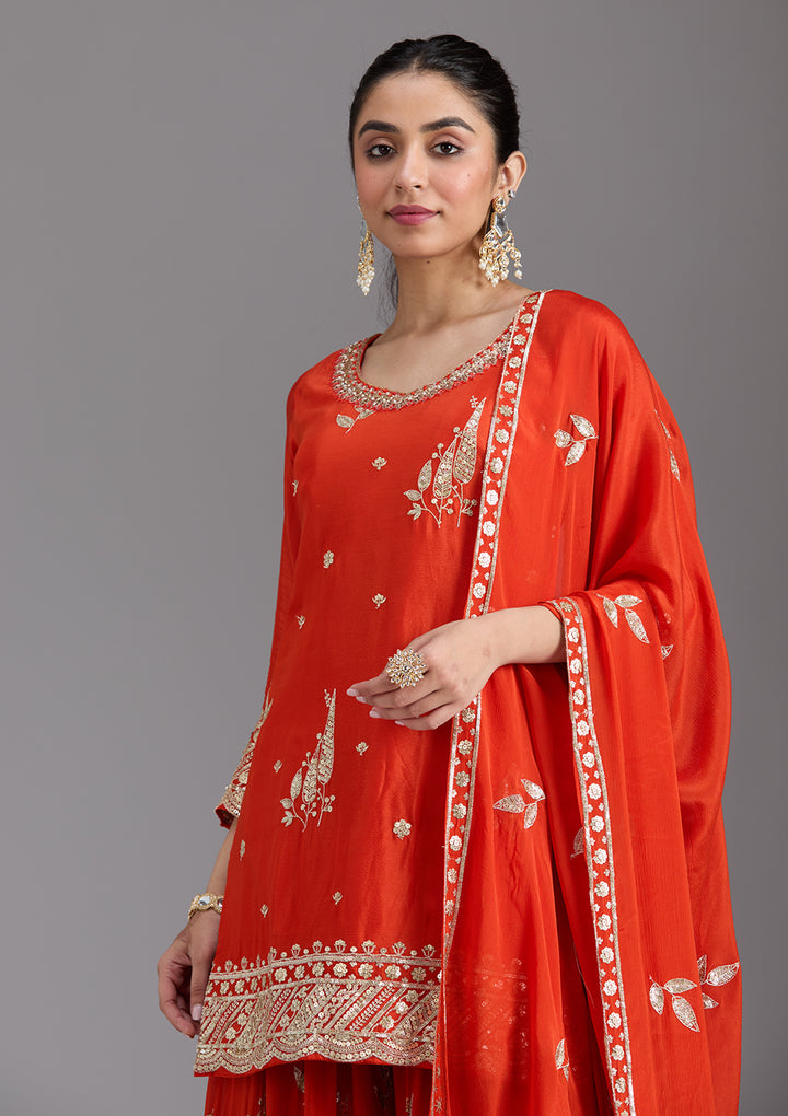 Orange Zariwork (Gold) Chinon Readymade Salwar Suit