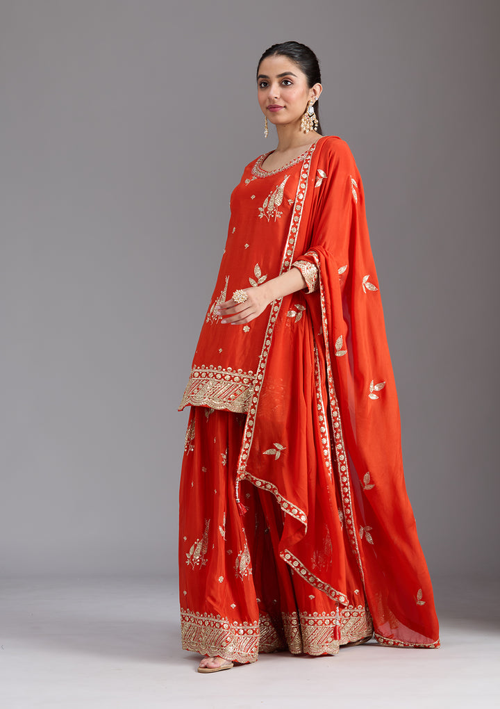 Orange Zariwork (Gold) Chinon Readymade Salwar Suit