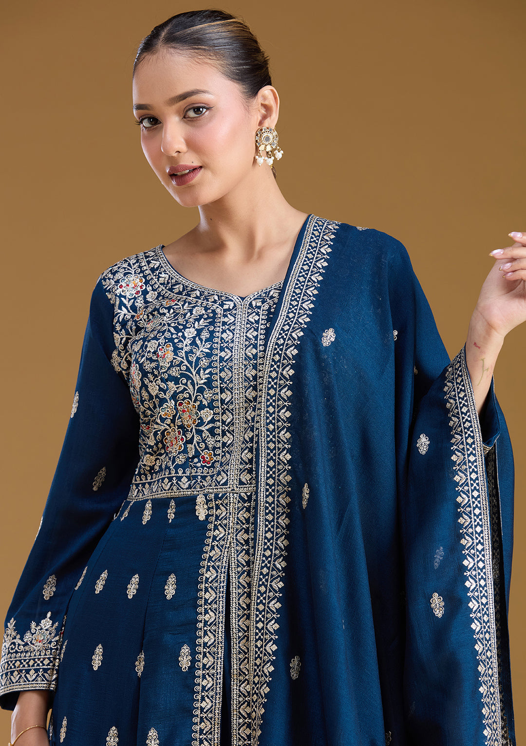 Navy Blue Stonework (Silver) Soft Raw Silk Readymade Salwar Suit