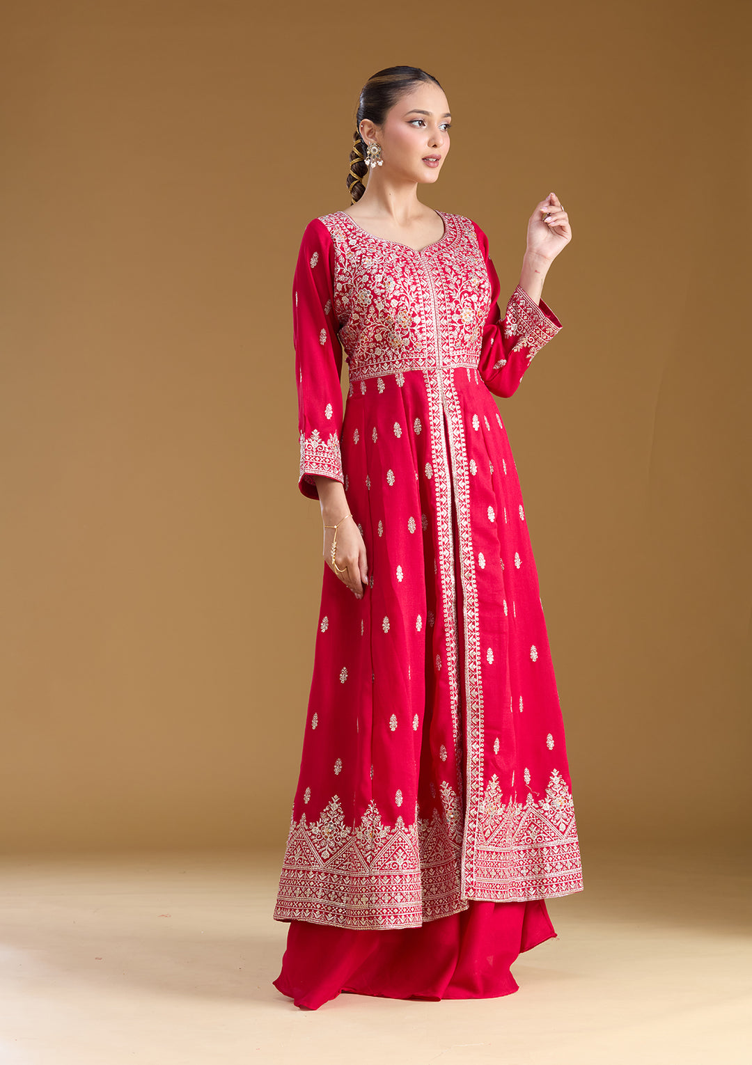 Rani Pink Stonework (Silver) Soft Raw Silk Readymade Salwar Suit