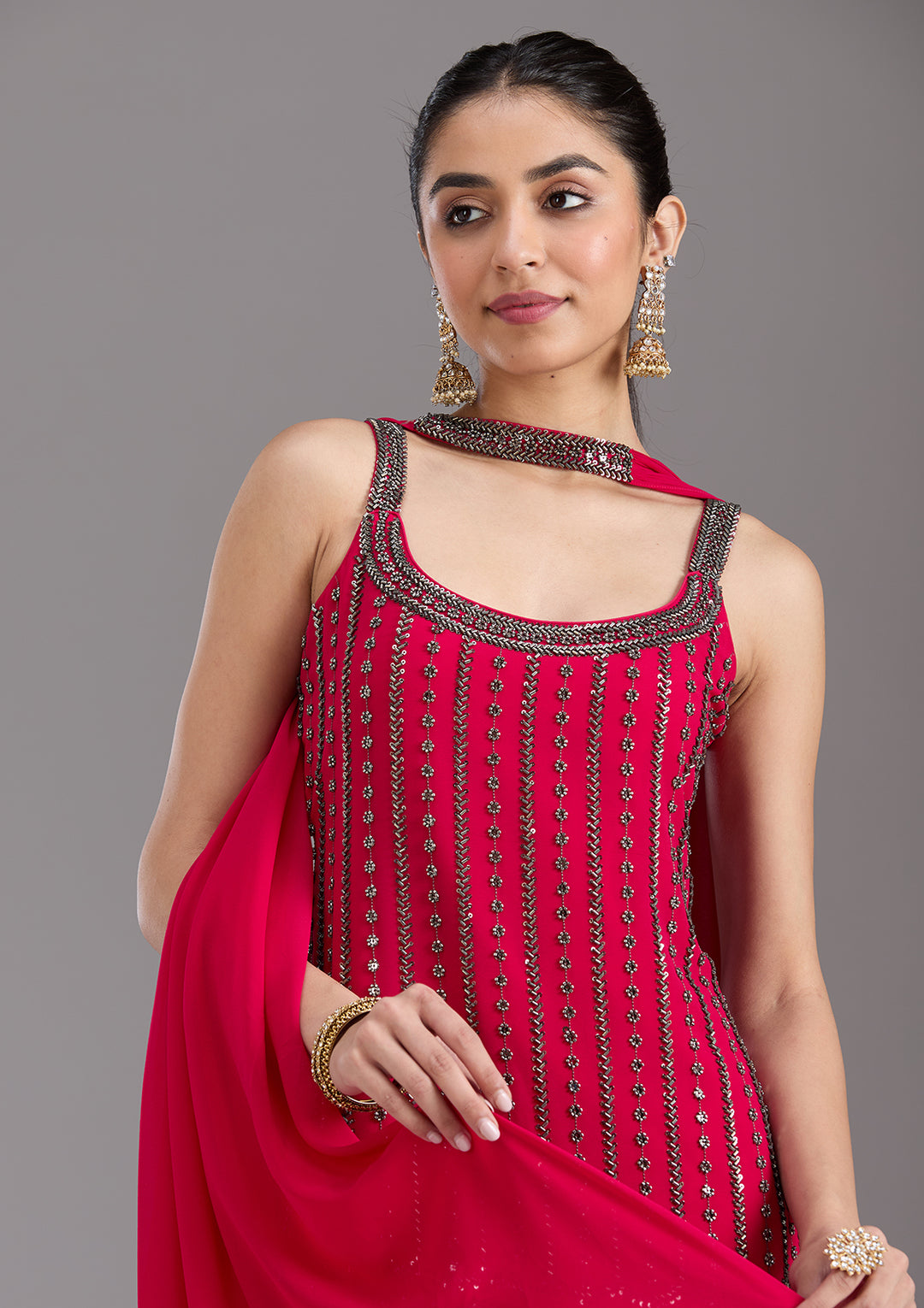 Rani Pink Cutdana Georgette Readymade Salwar Suit