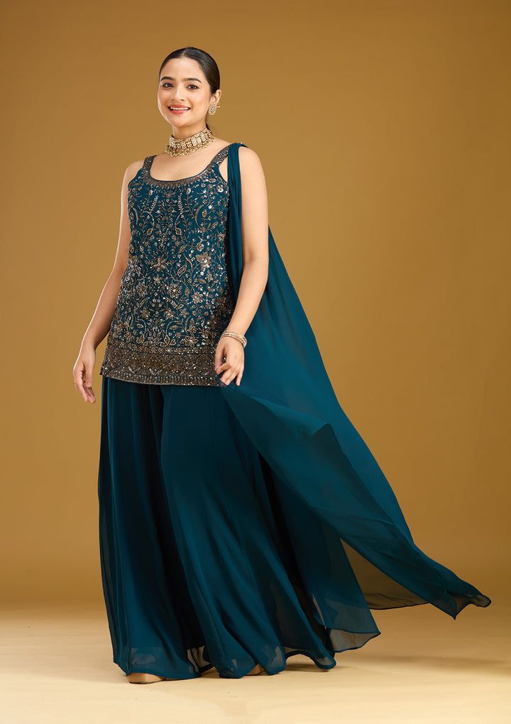 Peacock Blue Cutdana Georgette Readymade Salwar Suit