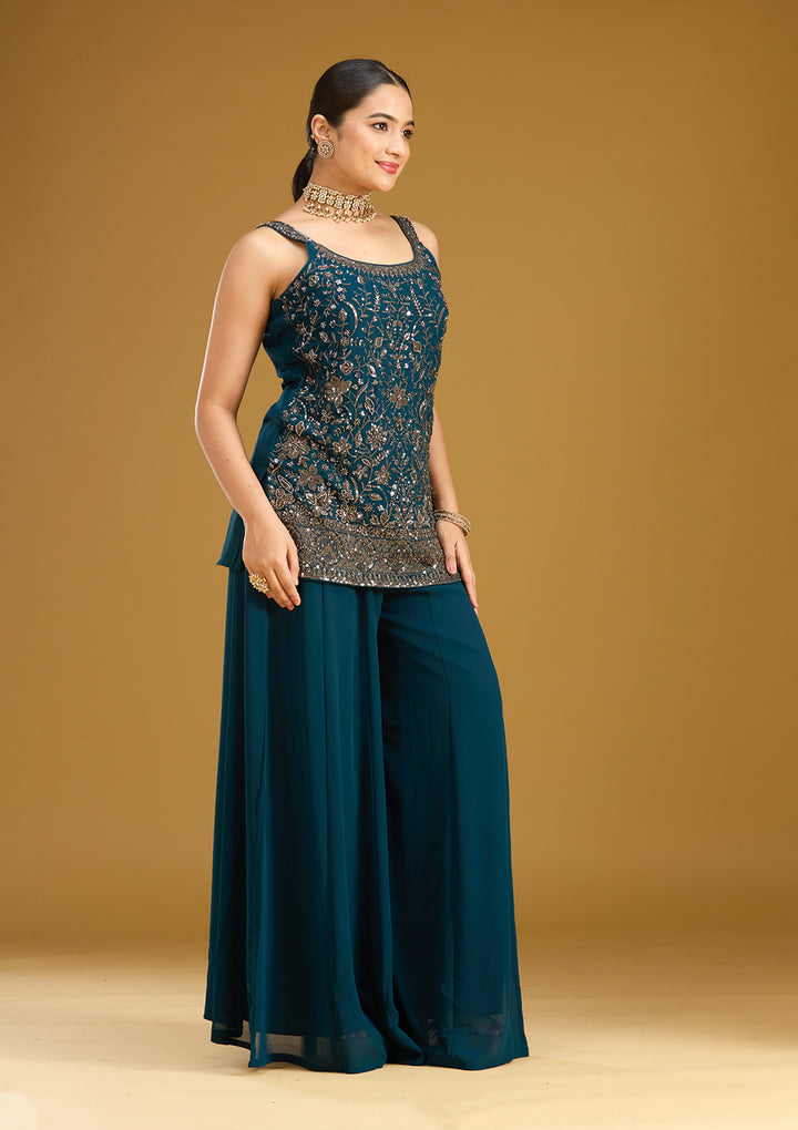 Peacock Blue Cutdana Georgette Readymade Salwar Suit