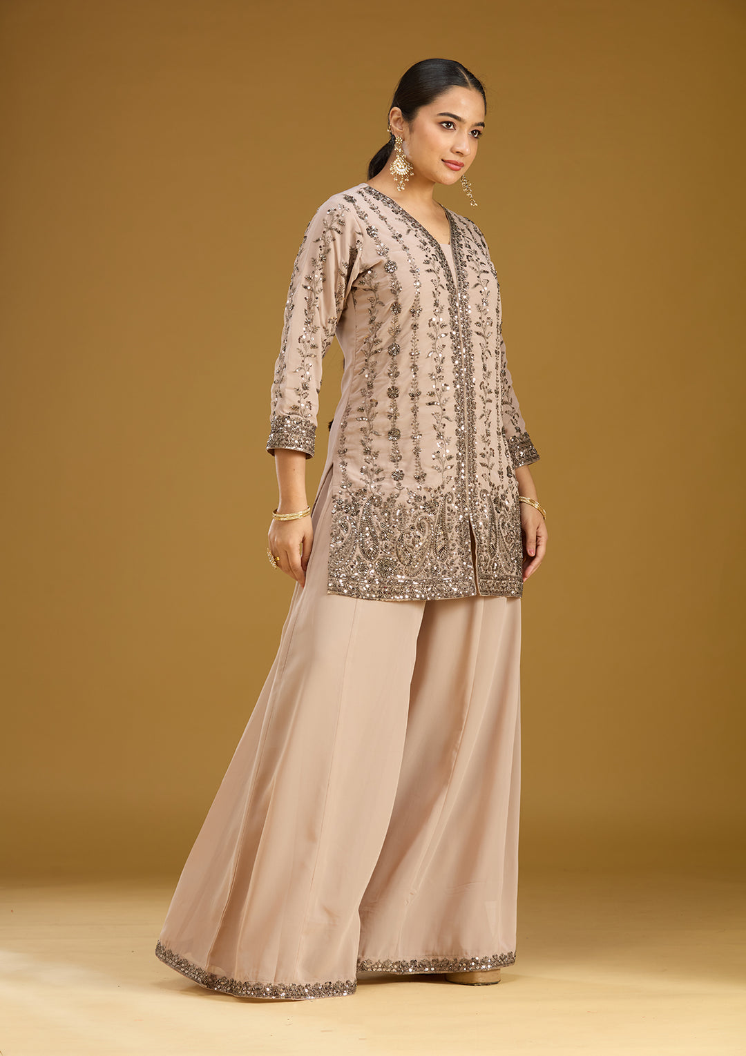 Beige Cutdana Georgette Readymade Salwar Suit