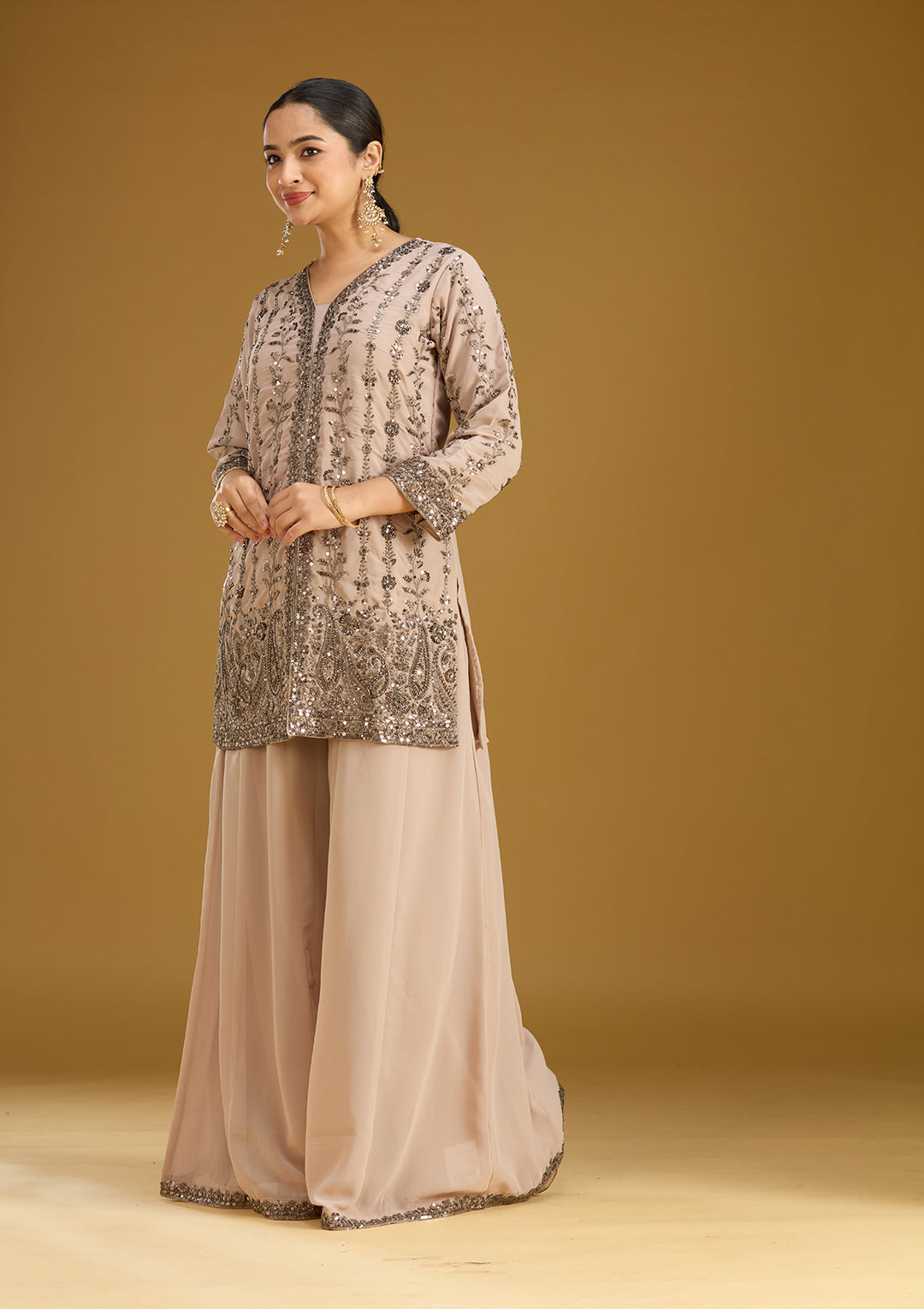 Beige Cutdana Georgette Readymade Salwar Suit