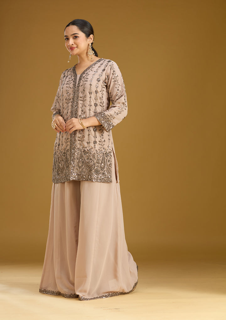 Beige Cutdana Georgette Readymade Salwar Suit