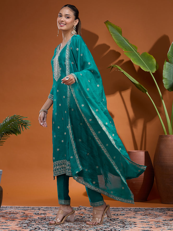 Blue Zariwork (Gold) Tissue Readymade Salwar Suit