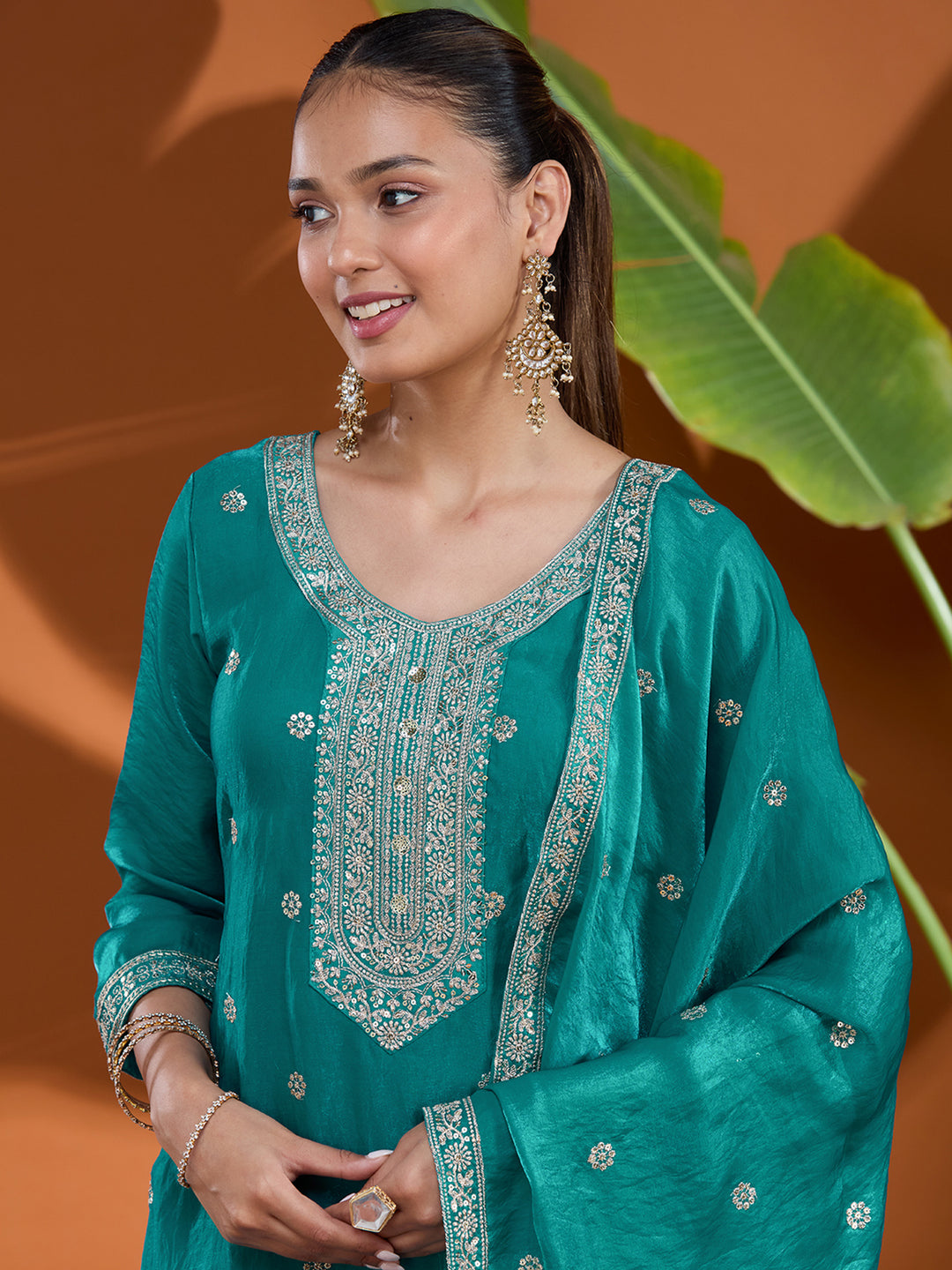 Blue Zariwork (Gold) Tissue Readymade Salwar Suit