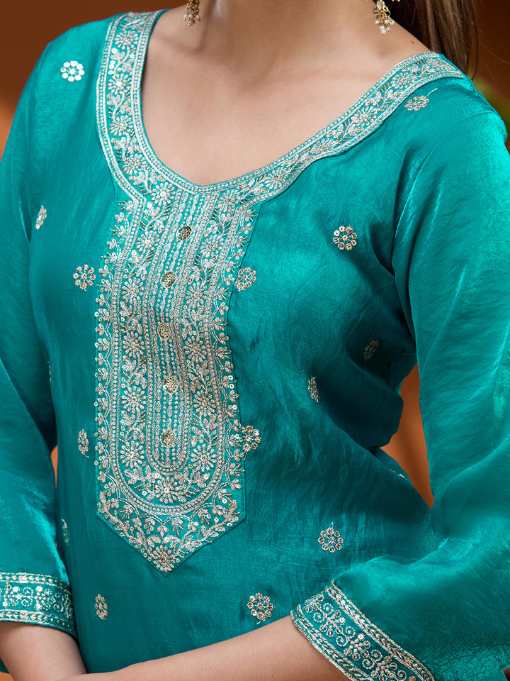 Blue Zariwork (Gold) Tissue Readymade Salwar Suit