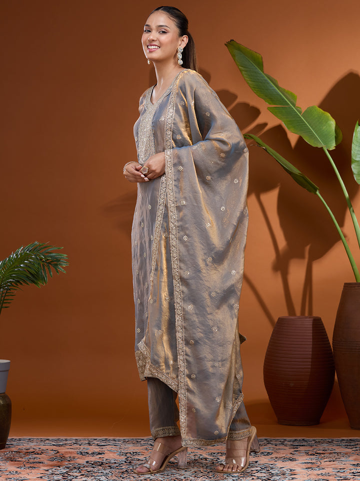 Grey Sequins Soft Raw Silk Readymade Salwar Suit