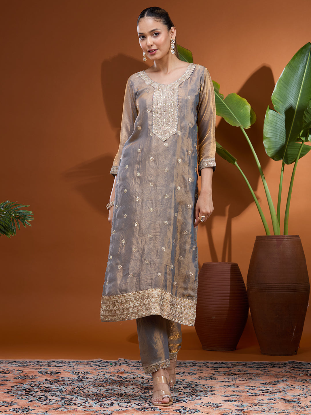Grey Sequins Soft Raw Silk Readymade Salwar Suit