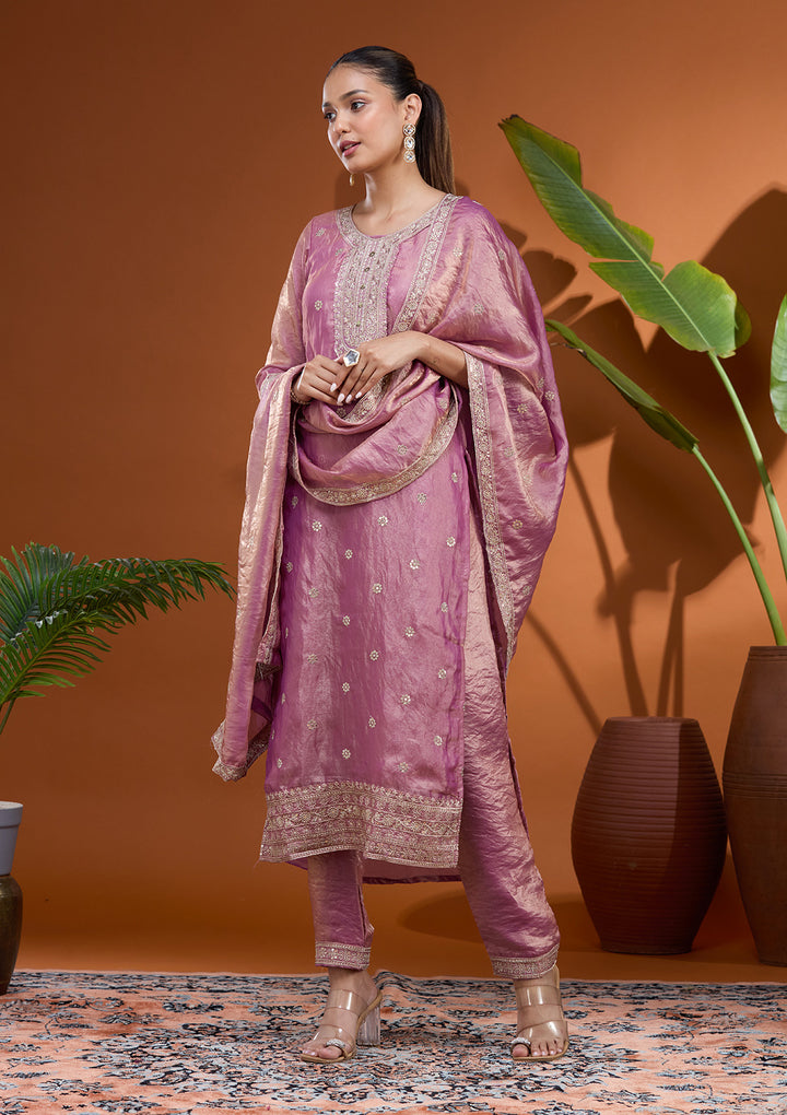 Onion Pink Zariwork (Gold) Tissue Readymade Salwar Suit