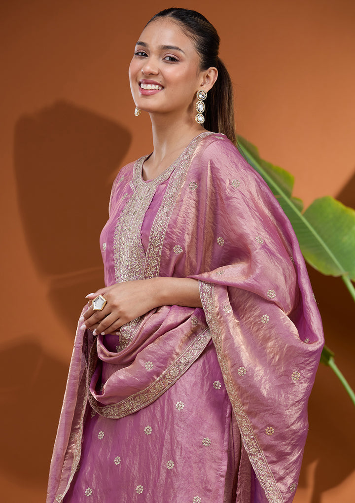 Onion Pink Zariwork (Gold) Tissue Readymade Salwar Suit