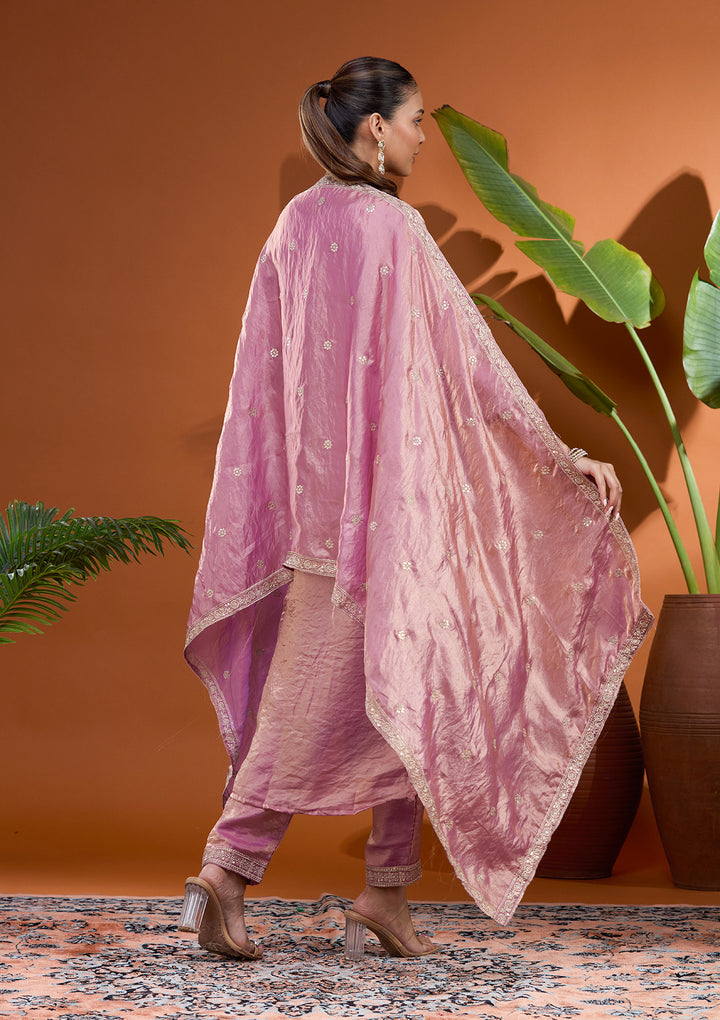 Onion Pink Zariwork (Gold) Tissue Readymade Salwar Suit
