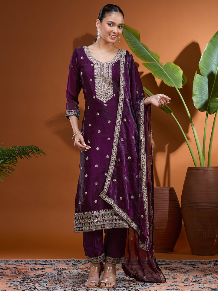 Purple Sequins Soft Raw Silk Readymade Salwar Suit