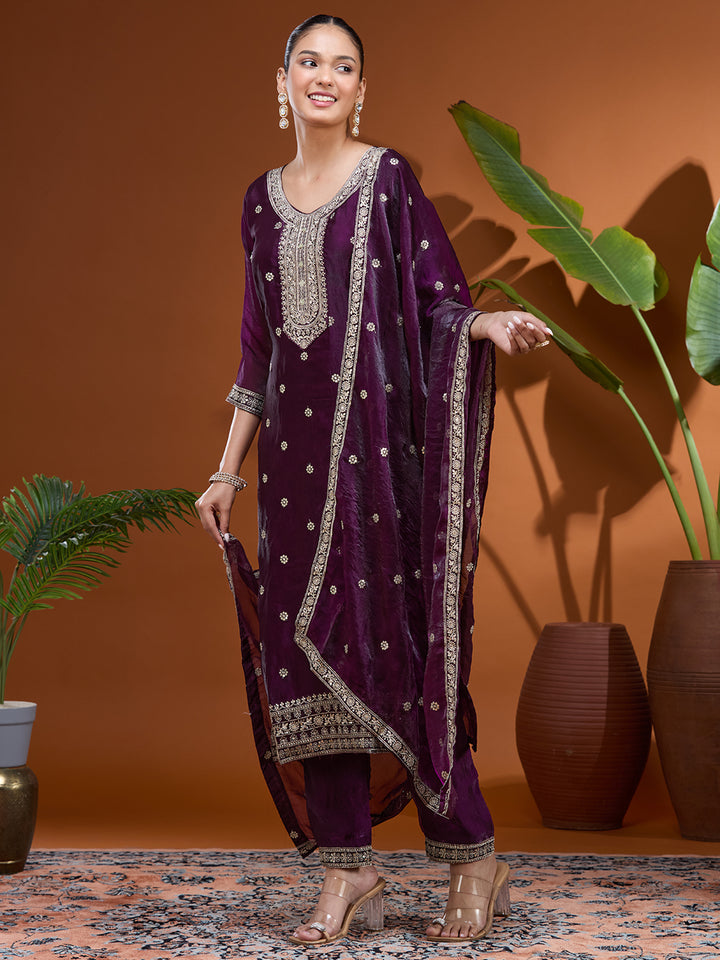 Purple Sequins Soft Raw Silk Readymade Salwar Suit