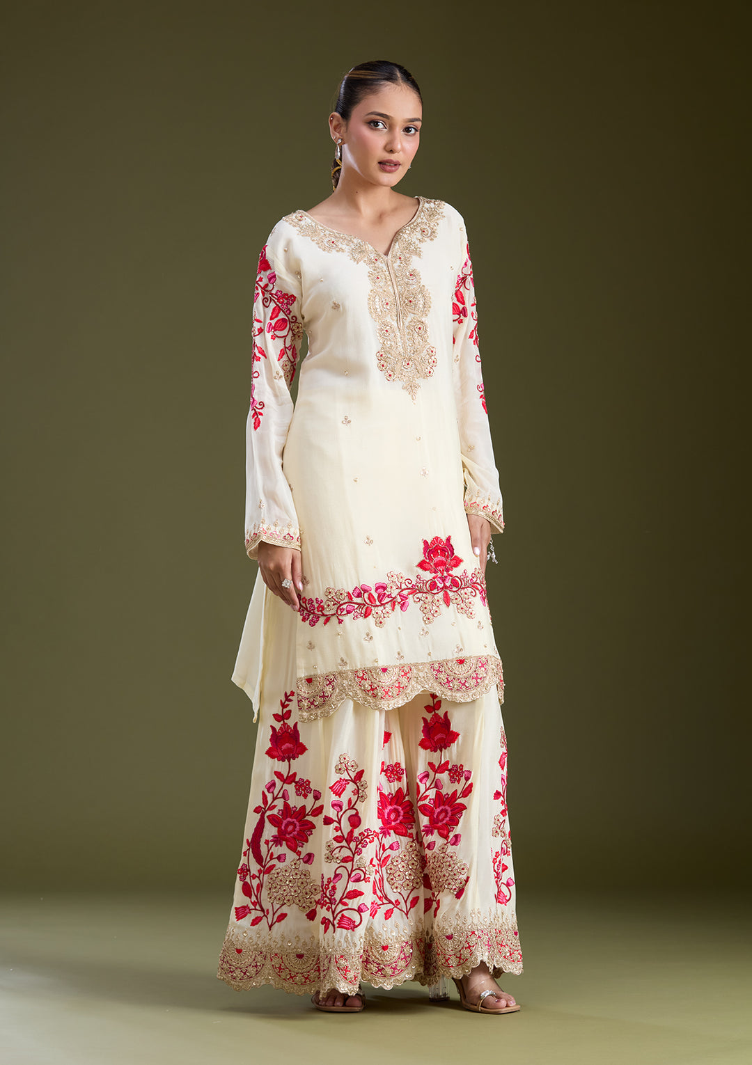 Off White Zariwork (Gold) Crepe Readymade Salwar Suit