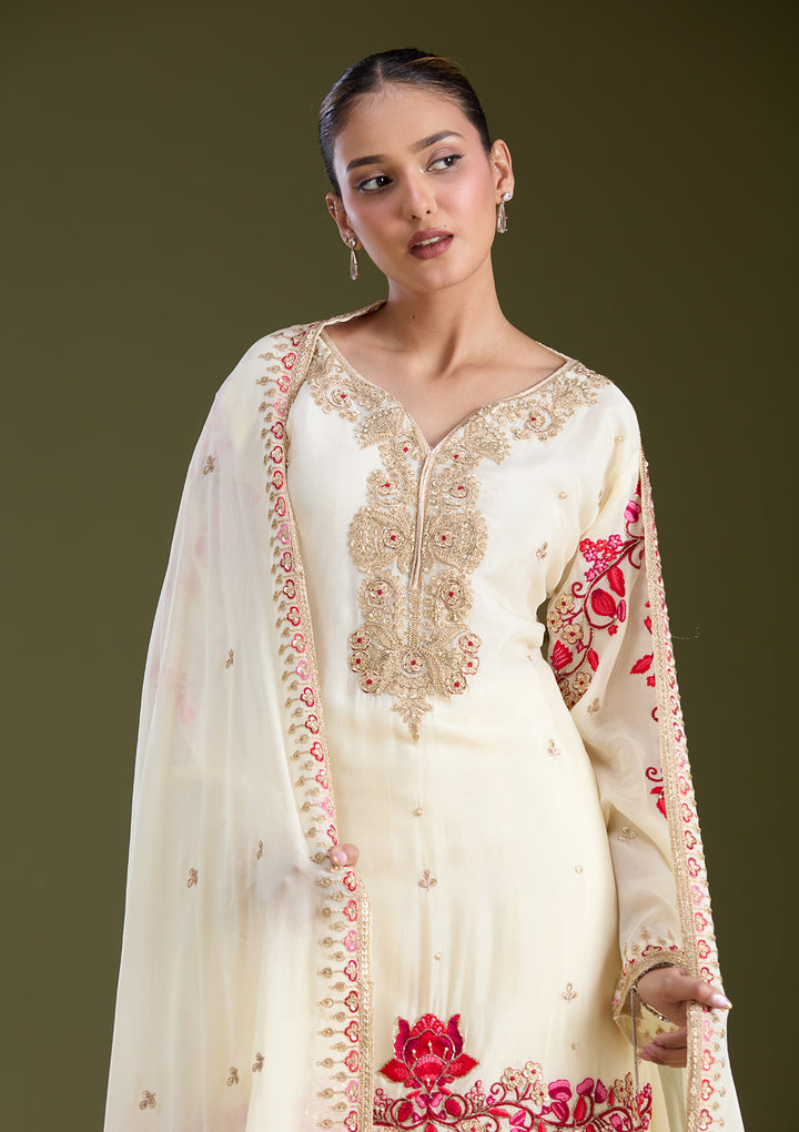 Off White Zariwork (Gold) Crepe Readymade Salwar Suit