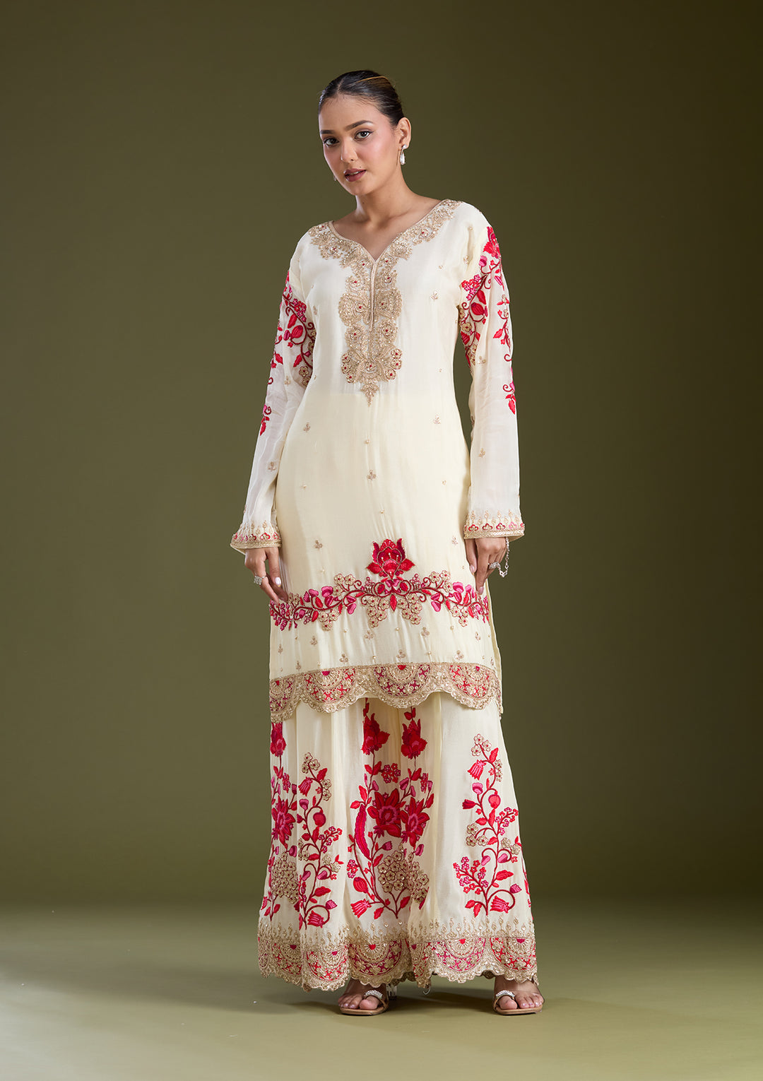 Off White Zariwork (Gold) Crepe Readymade Salwar Suit