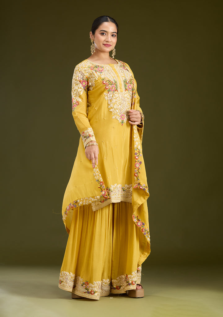 Mustard Yellow Silver Zariwork Crepe Readymade Salwar Suit