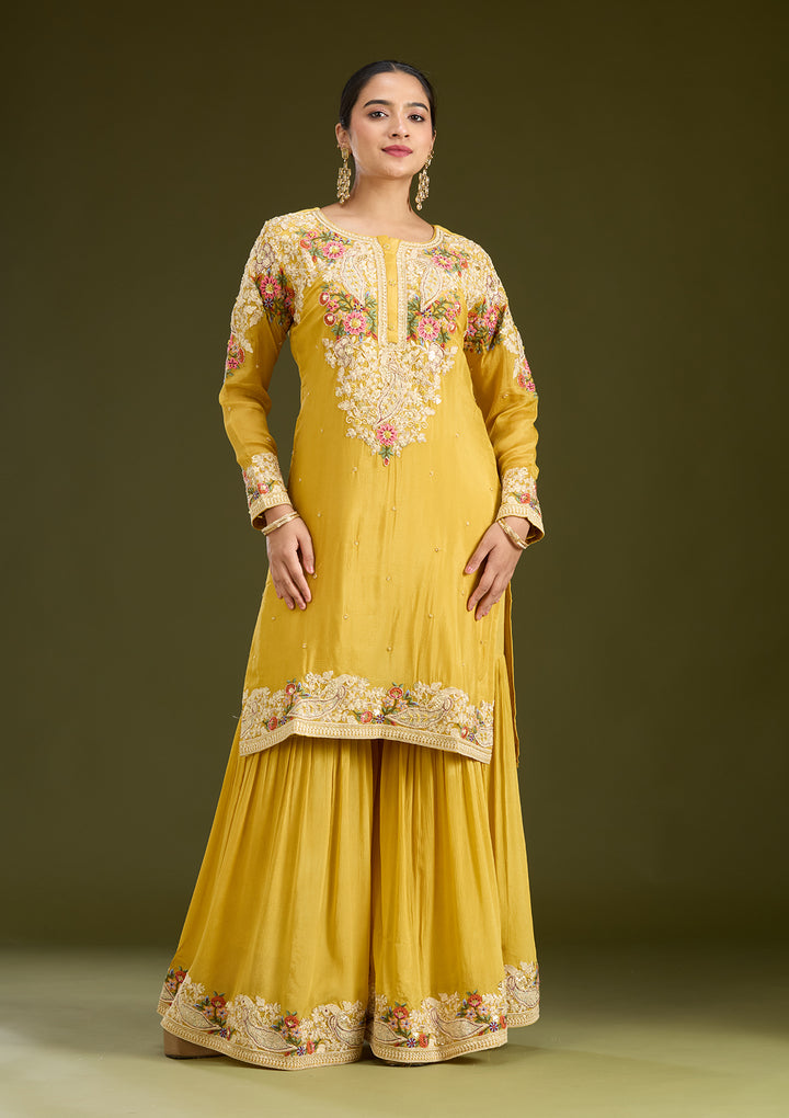 Mustard Yellow Silver Zariwork Crepe Readymade Salwar Suit