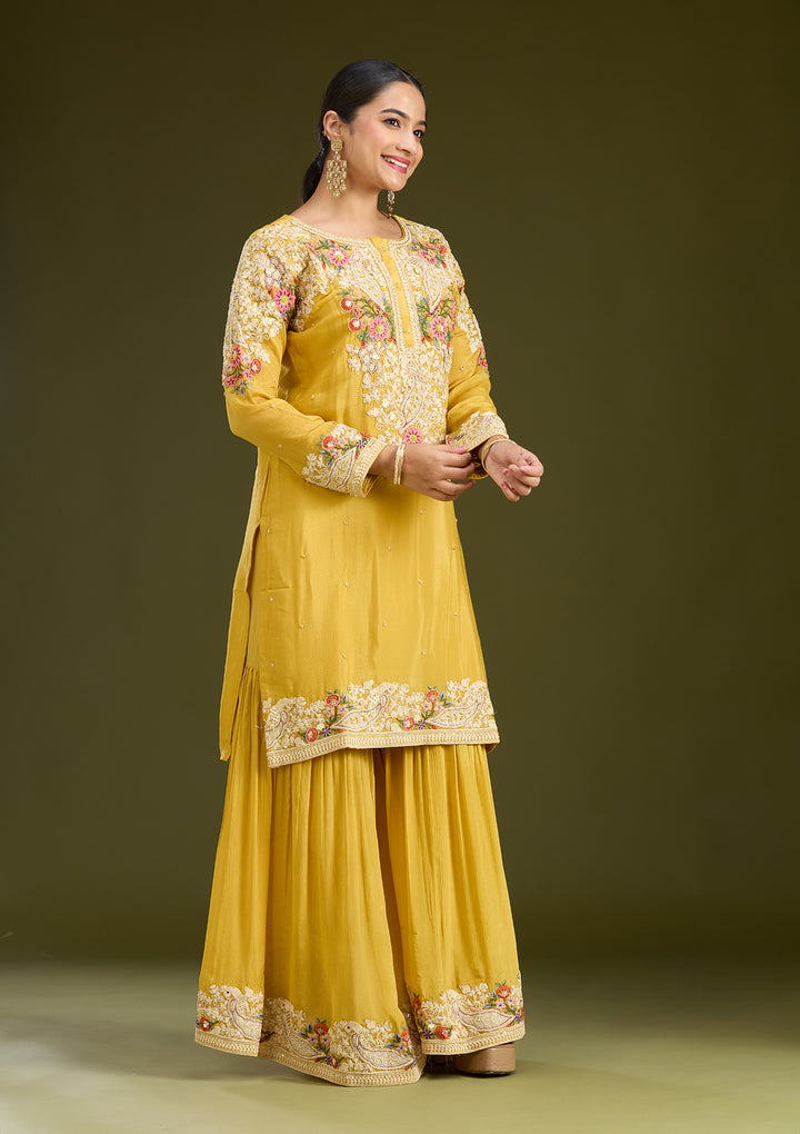 Mustard Yellow Silver Zariwork Crepe Readymade Salwar Suit