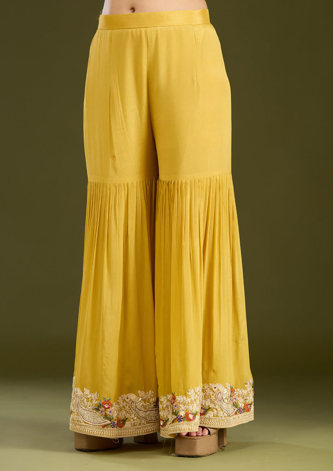 Mustard Yellow Silver Zariwork Crepe Readymade Salwar Suit