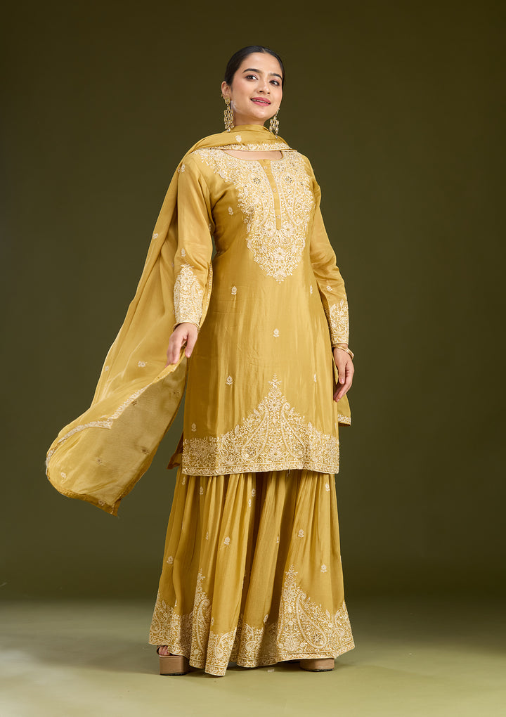 Mustard Yellow Mirrorwork Soft Raw Silk Readymade Salwar Suit