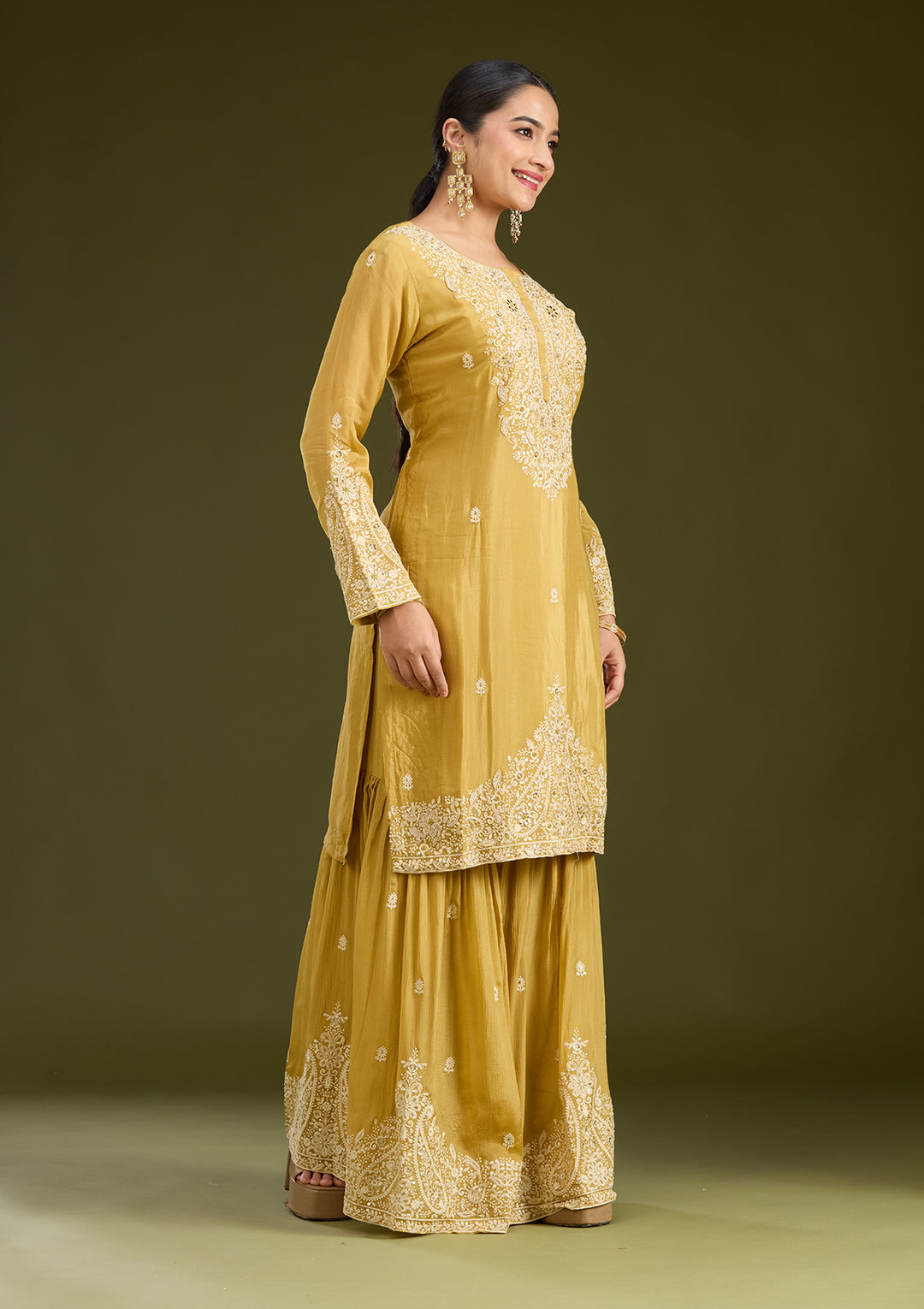 Mustard Yellow Mirrorwork Soft Raw Silk Readymade Salwar Suit