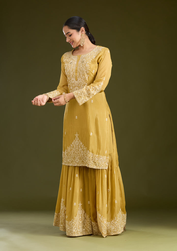 Mustard Yellow Mirrorwork Soft Raw Silk Readymade Salwar Suit