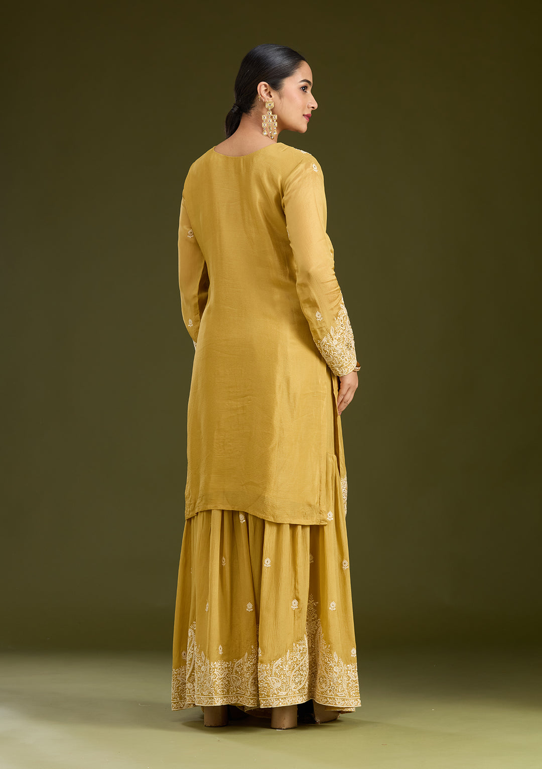 Mustard Yellow Mirrorwork Soft Raw Silk Readymade Salwar Suit