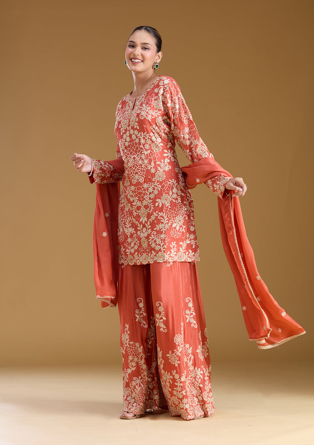 Rust Zariwork (Silver) Crepe Readymade Salwar Suit