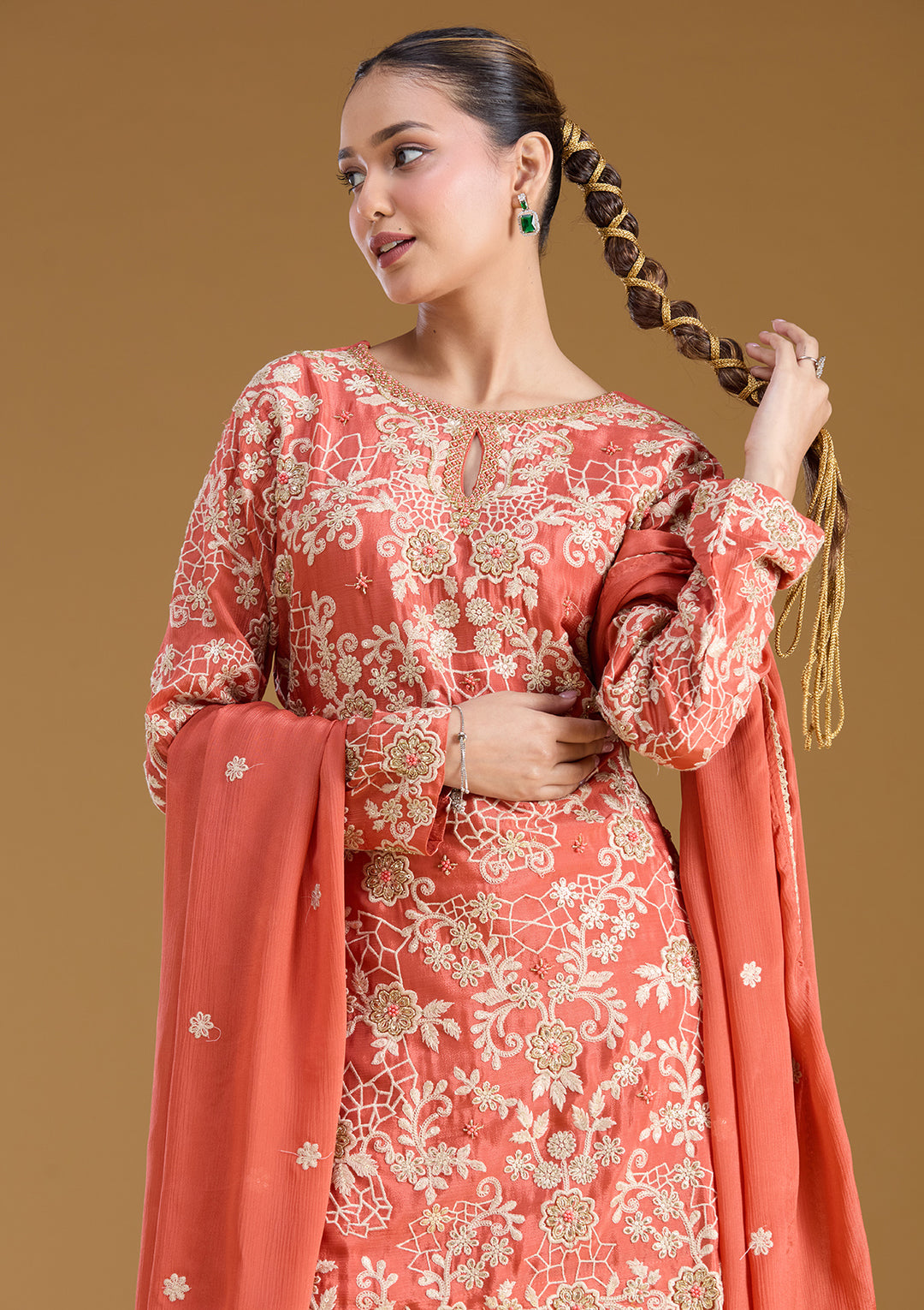 Rust Zariwork (Silver) Crepe Readymade Salwar Suit