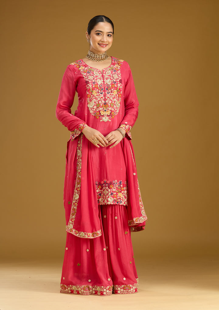Pink Threadwork Soft Raw Silk Readymade Salwar Suit