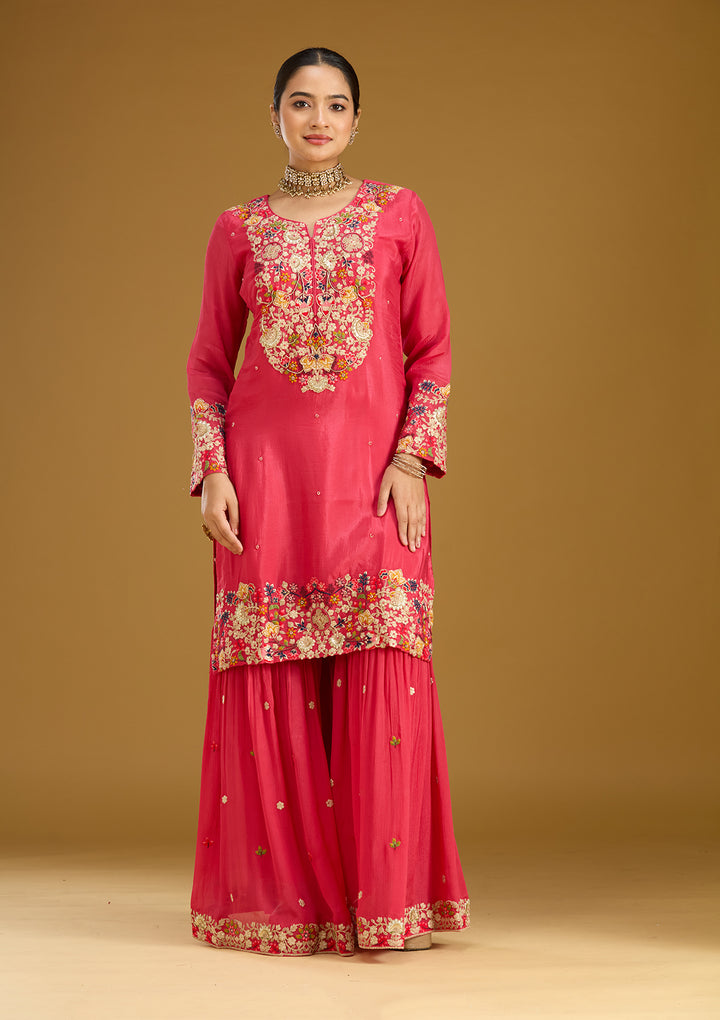 Pink Threadwork Soft Raw Silk Readymade Salwar Suit