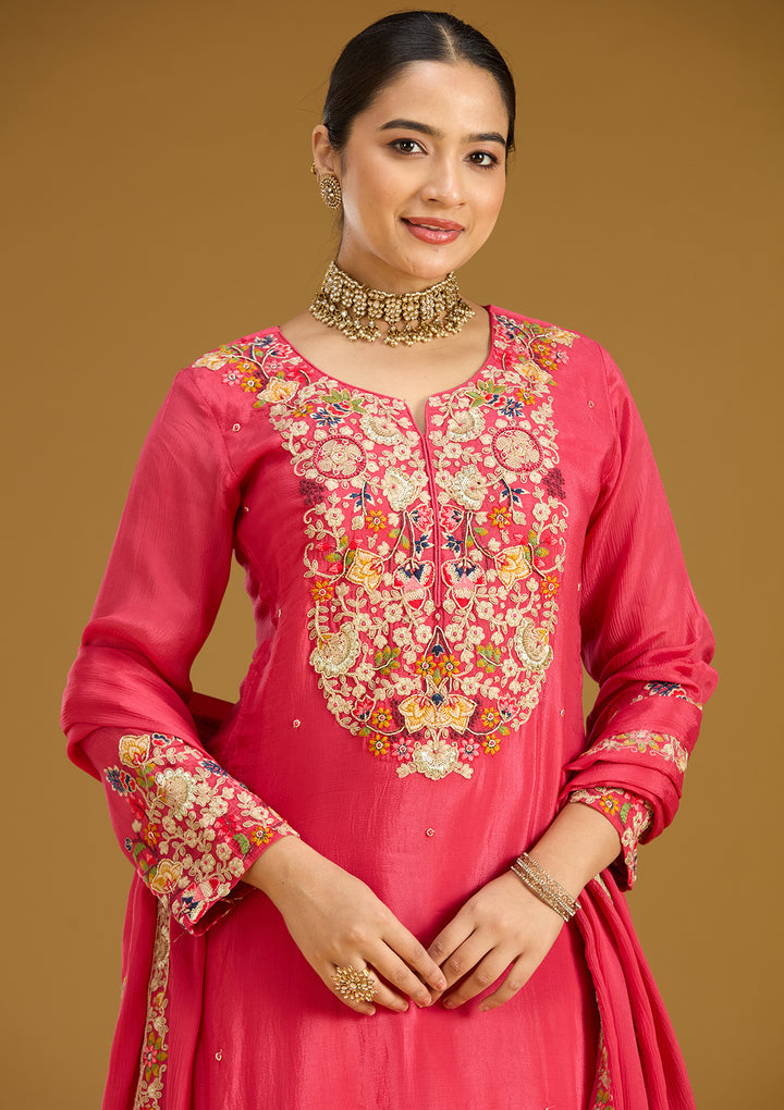 Pink Threadwork Soft Raw Silk Readymade Salwar Suit