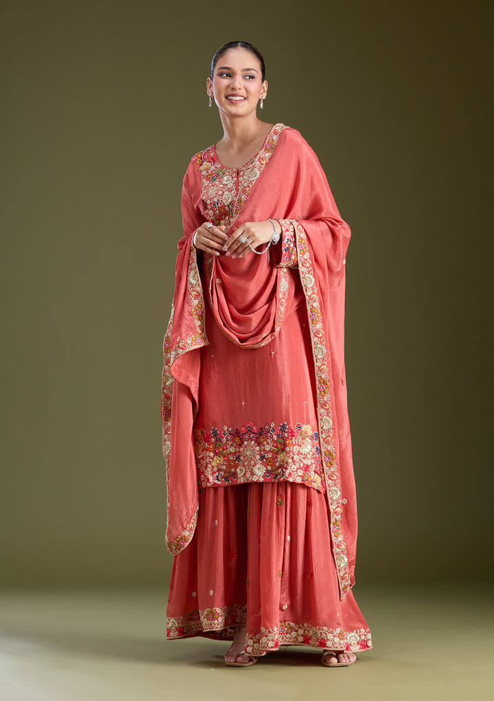 Rust Threadwork Crepe Readymade Salwar Suit