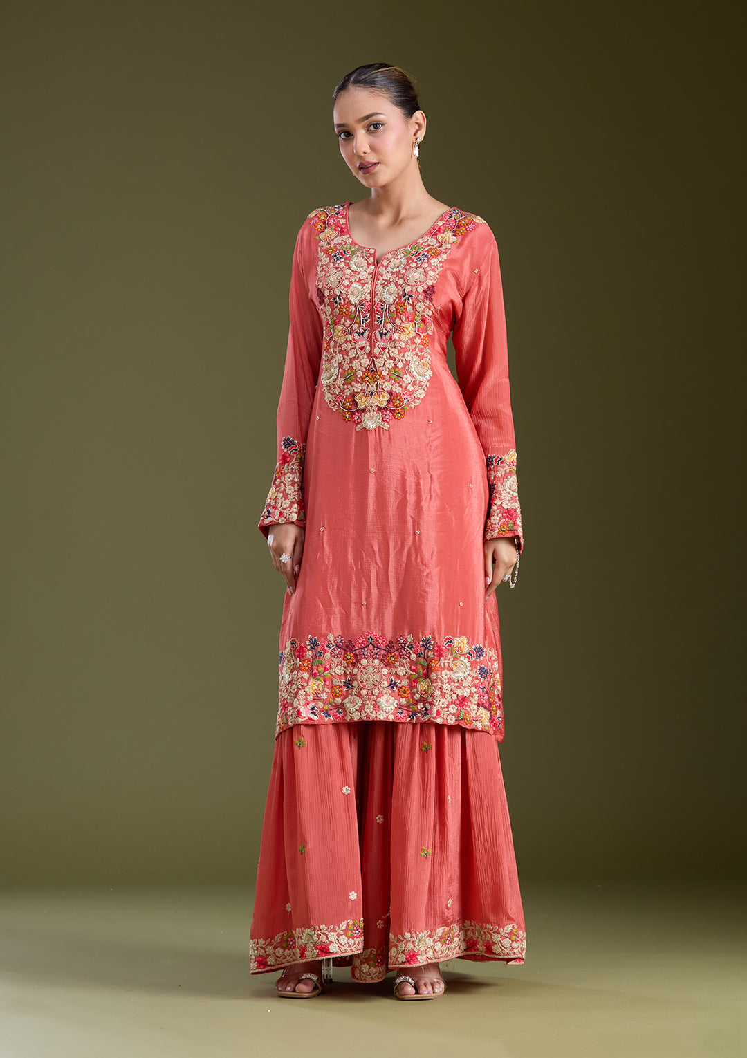 Rust Threadwork Crepe Readymade Salwar Suit