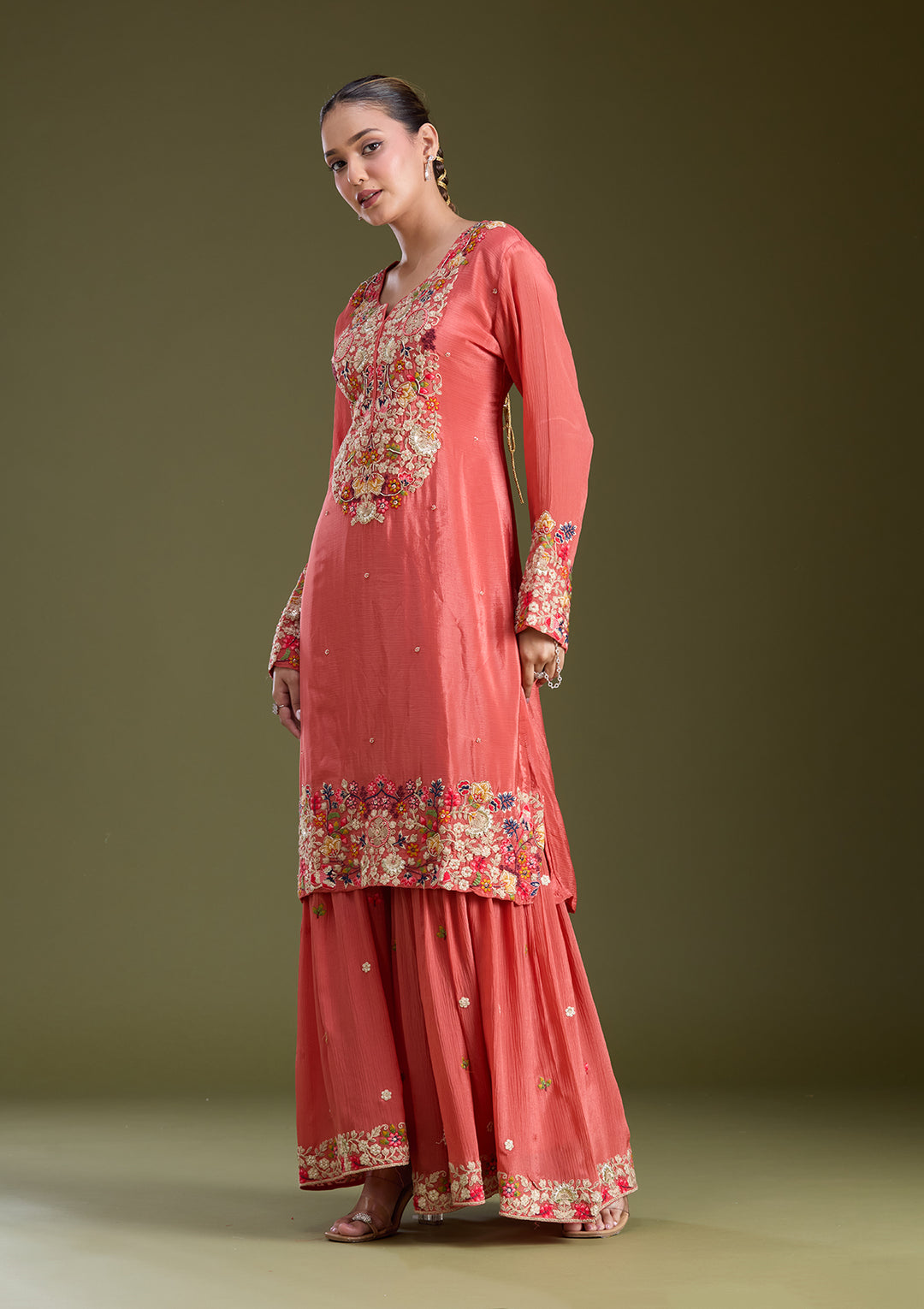 Rust Threadwork Crepe Readymade Salwar Suit
