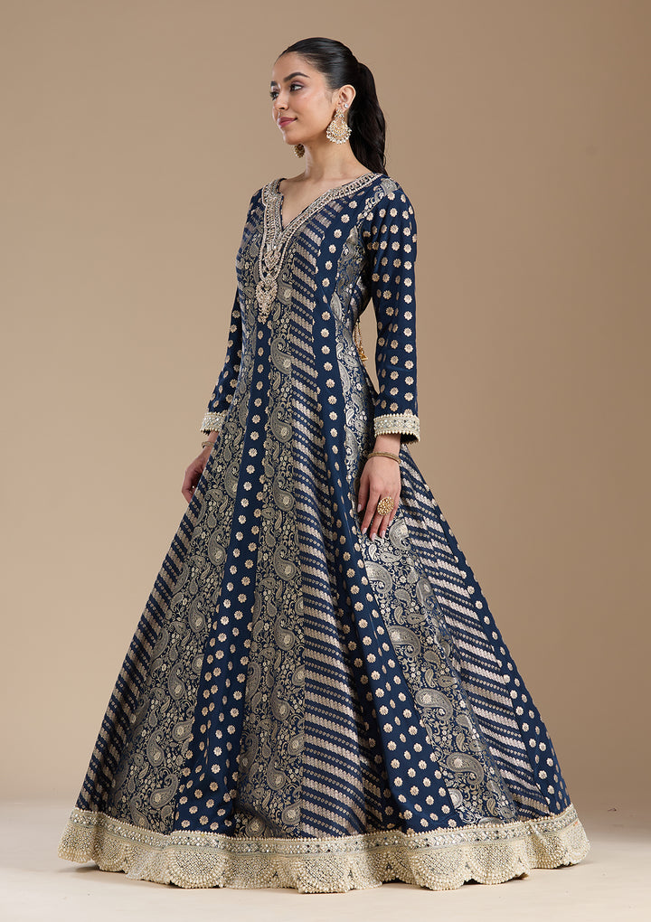 Navy Blue Zariwork Brocade Readymade Salwar Suit