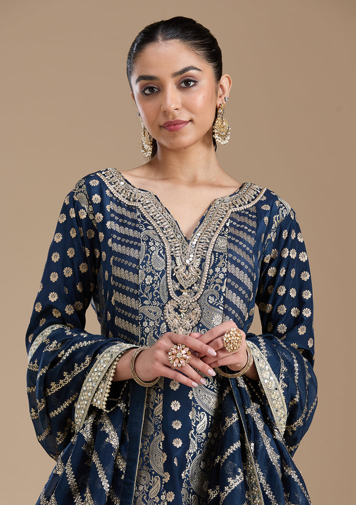 Navy Blue Zariwork Brocade Readymade Salwar Suit