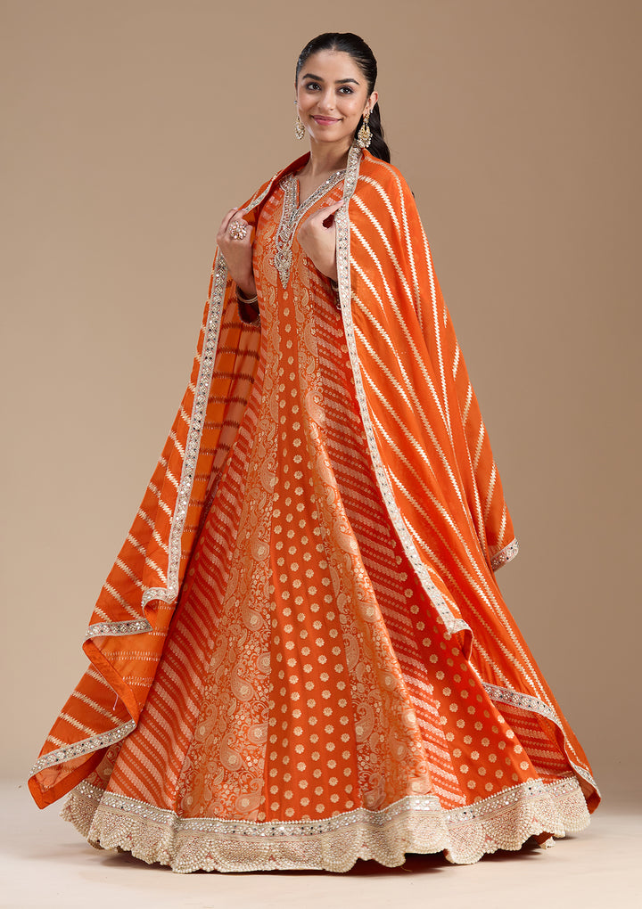 Orange Zariwork Brocade Readymade Salwar Suit