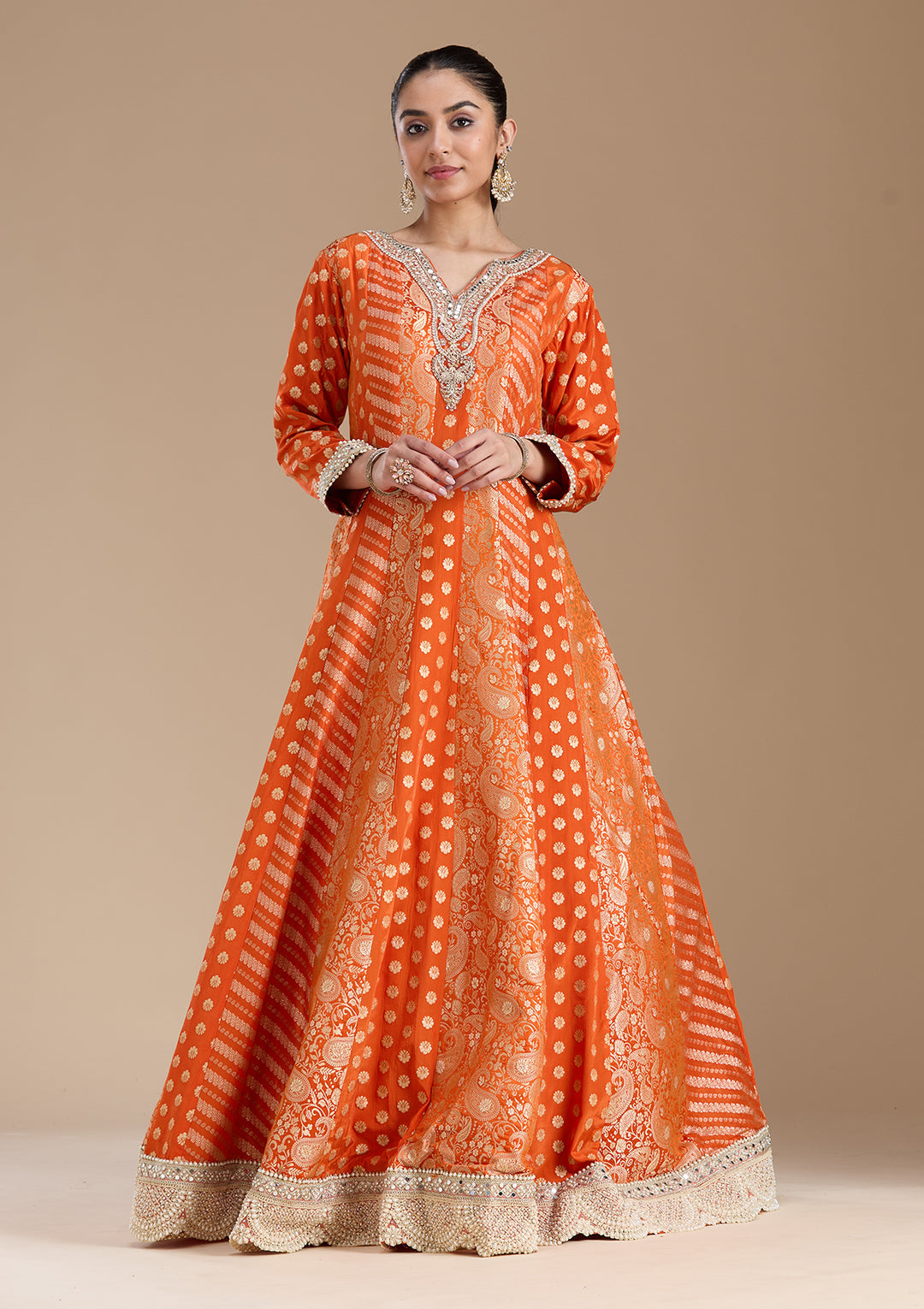 Orange Zariwork Brocade Readymade Salwar Suit