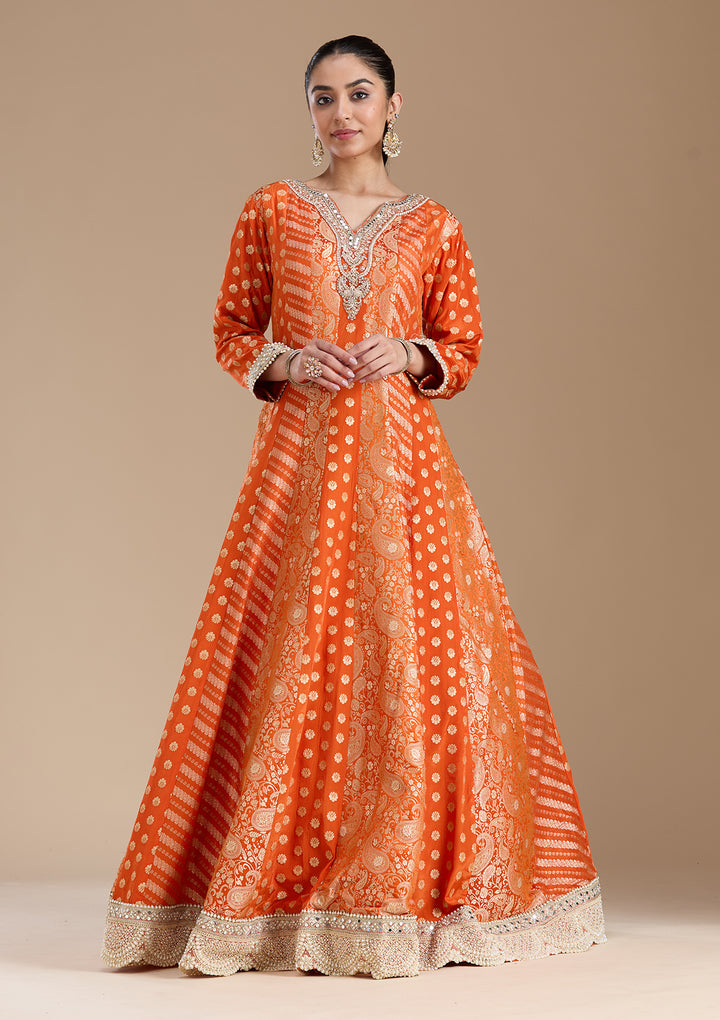 Orange Zariwork Brocade Readymade Salwar Suit