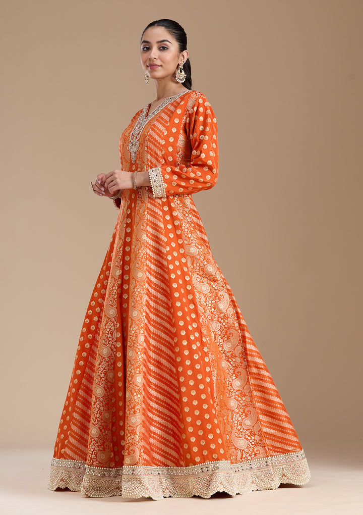 Orange Zariwork Brocade Readymade Salwar Suit