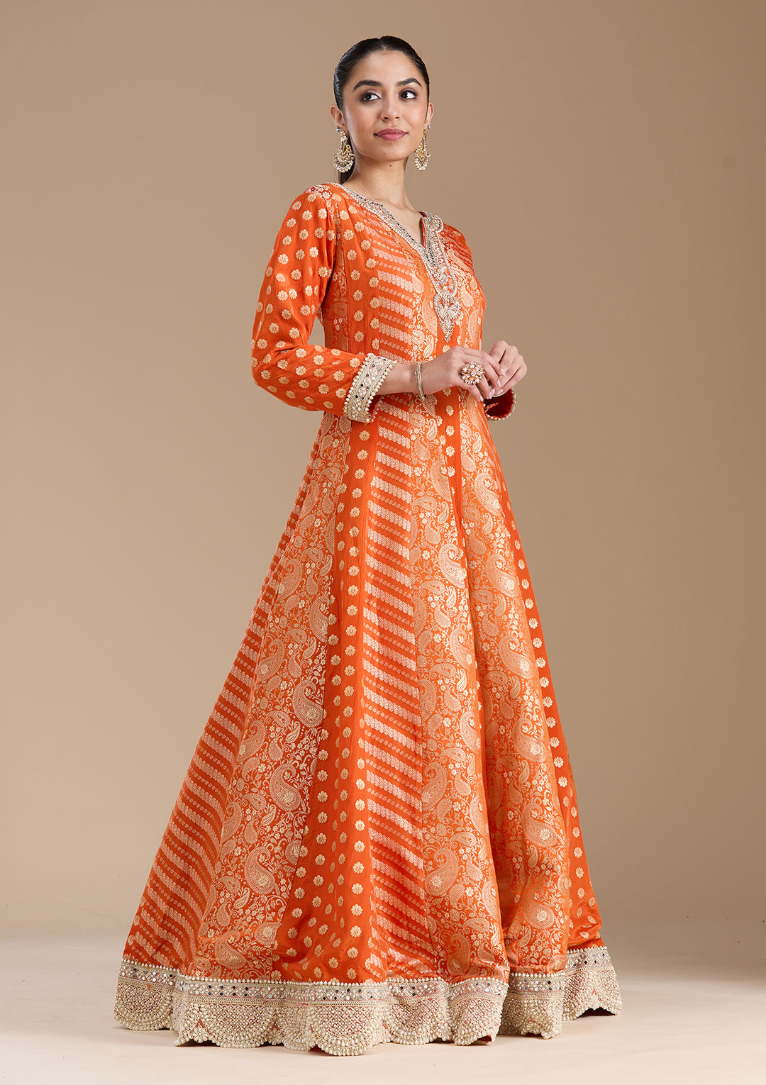 Orange Zariwork Brocade Readymade Salwar Suit