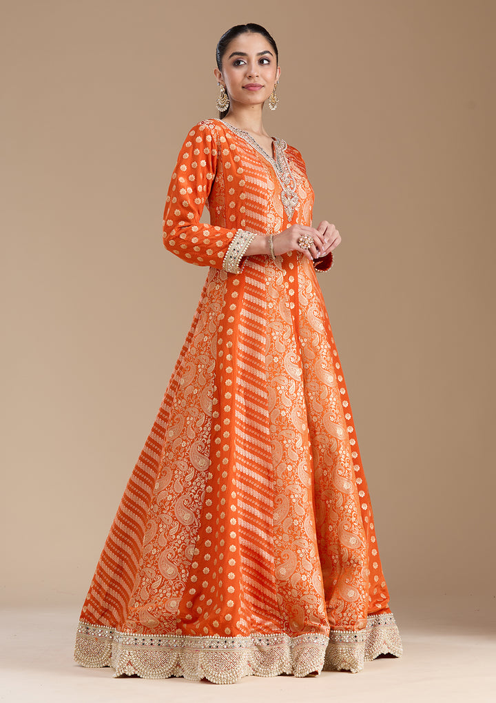 Orange Zariwork Brocade Readymade Salwar Suit