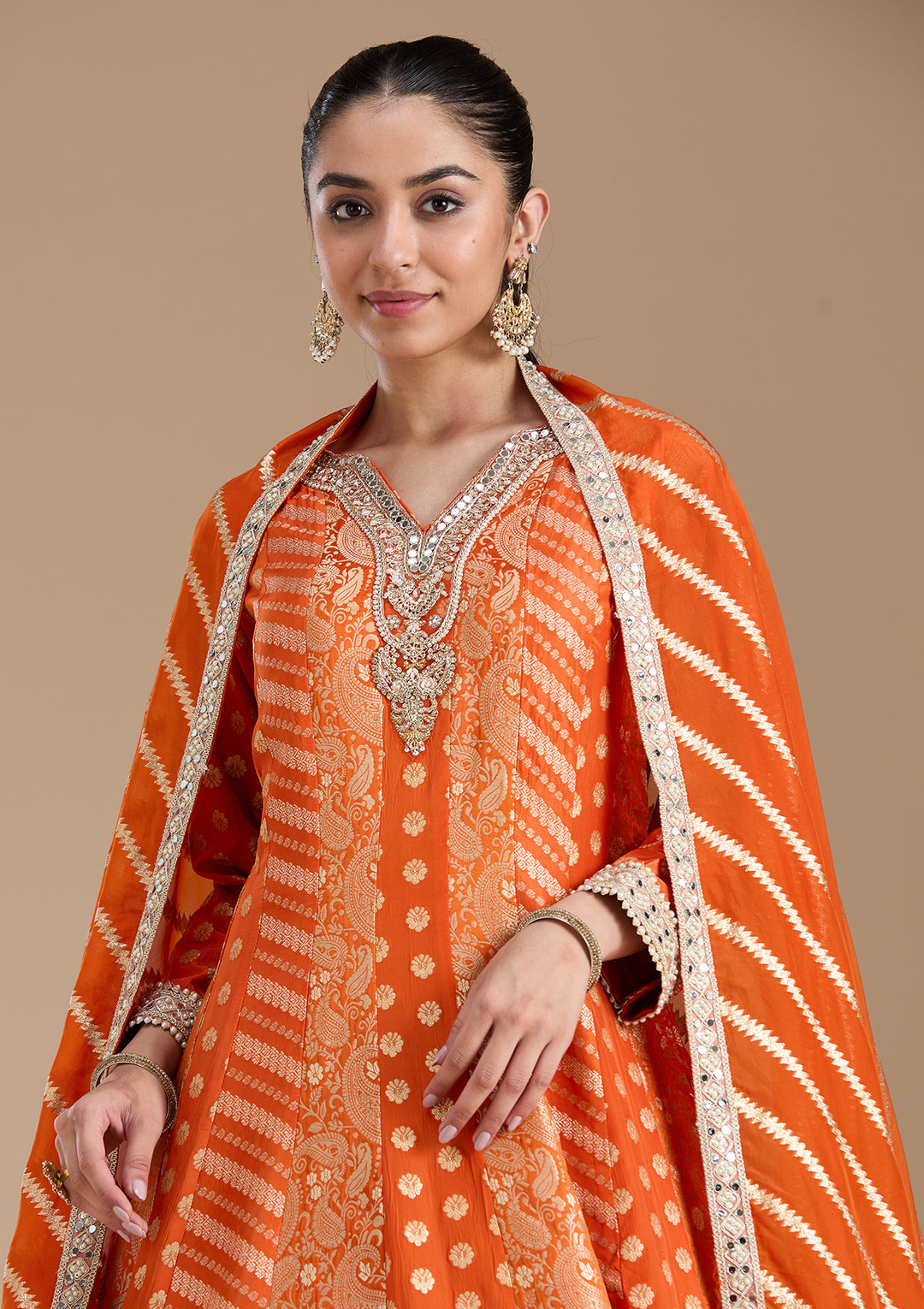 Orange Zariwork Brocade Readymade Salwar Suit