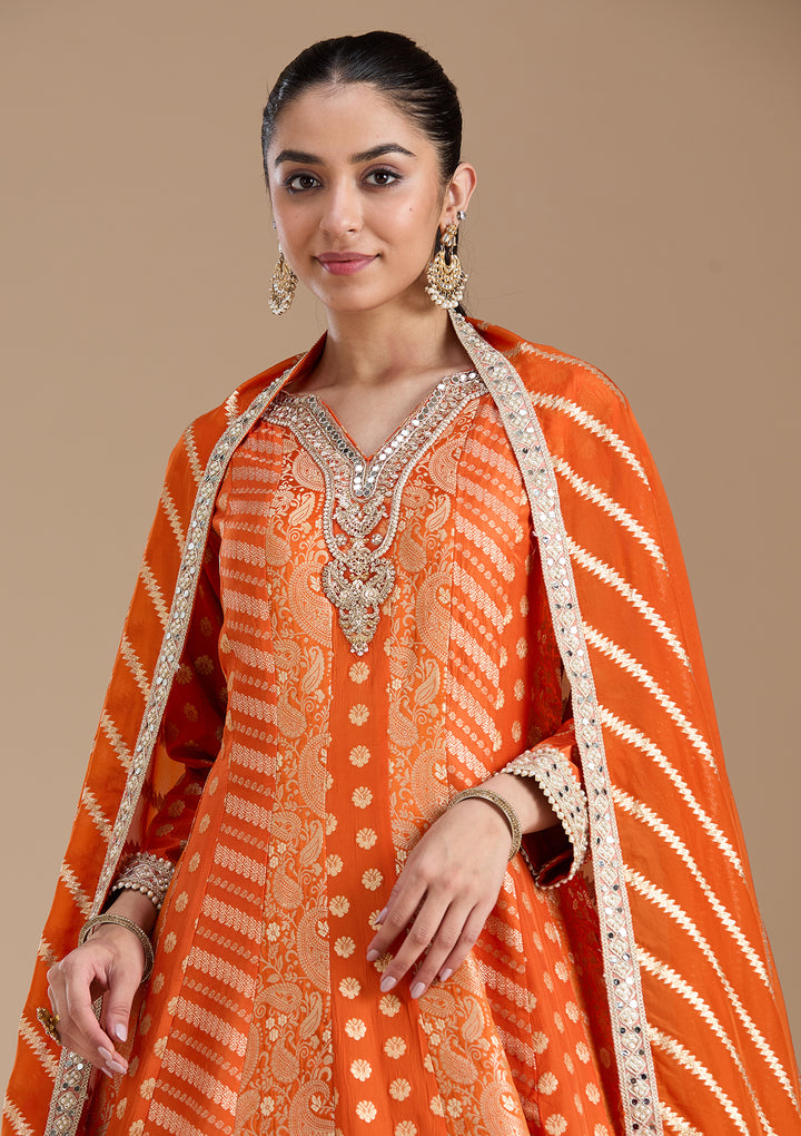 Orange Zariwork Brocade Readymade Salwar Suit