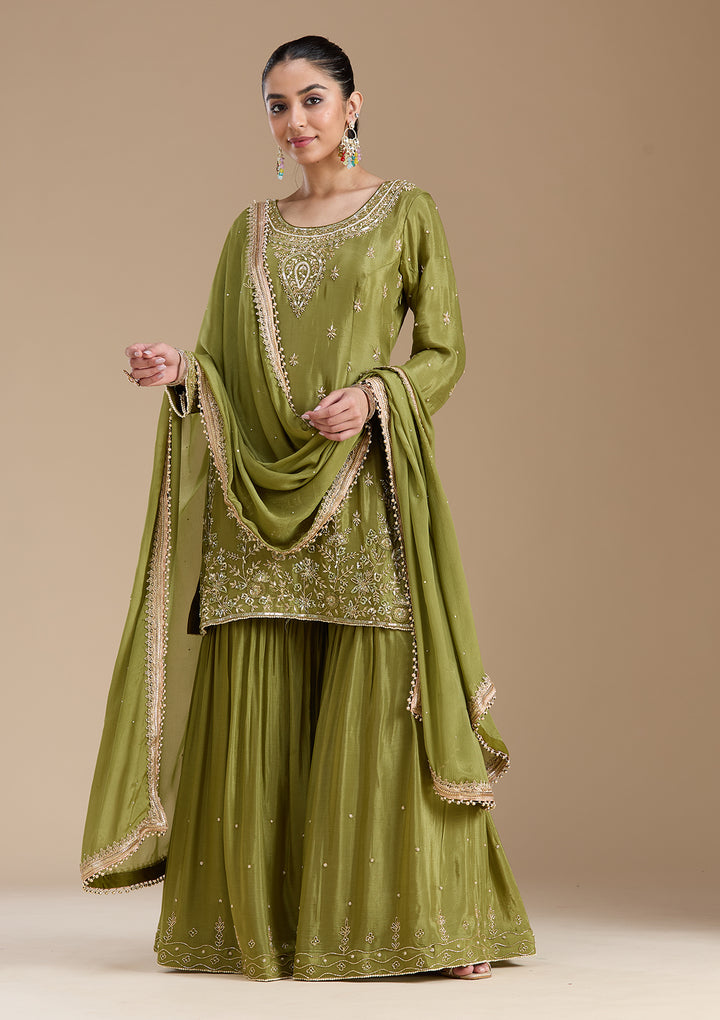 Mehendi Threadwork Satin Readymade Salwar Suit